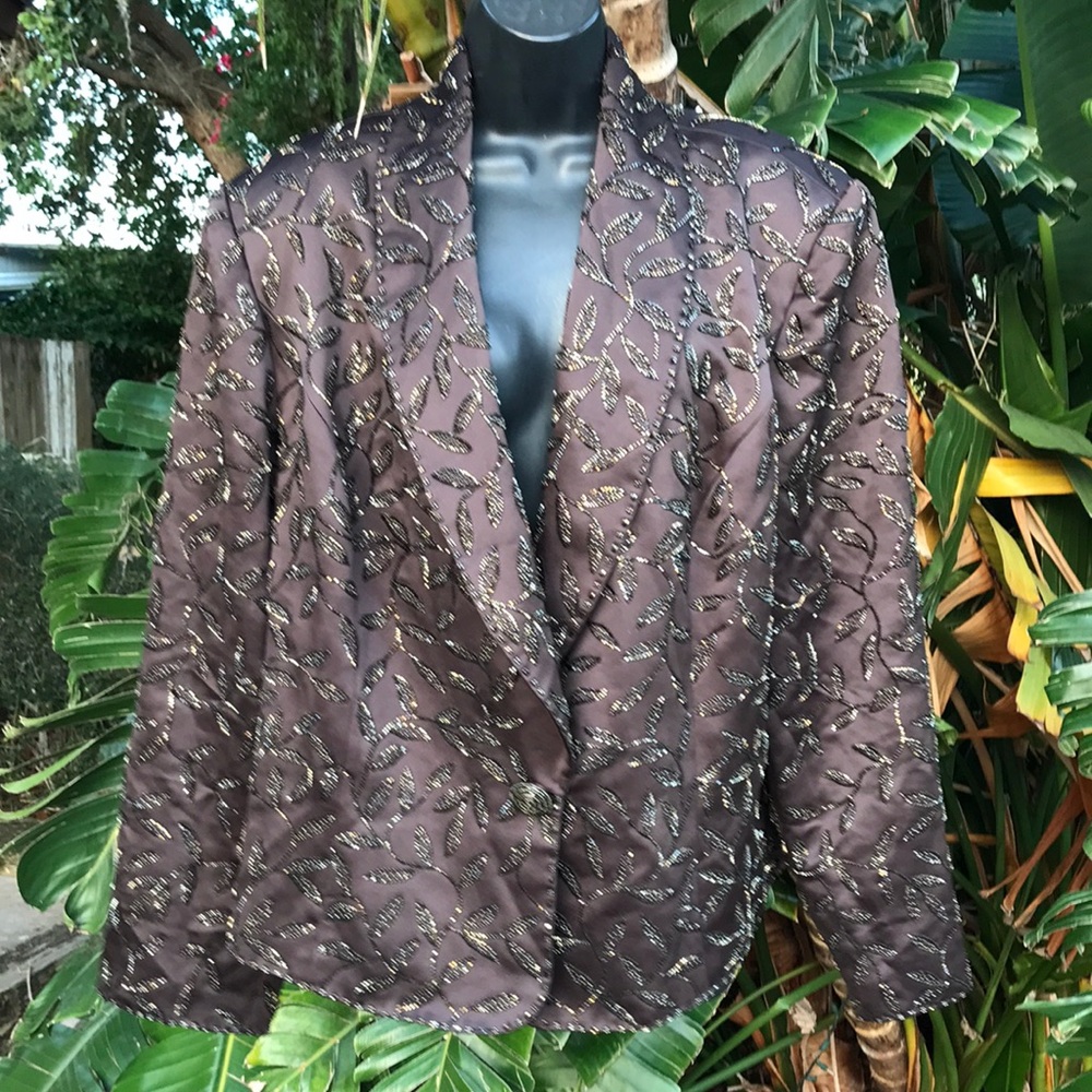 Oleg Cassini black tie beaded satin jacket